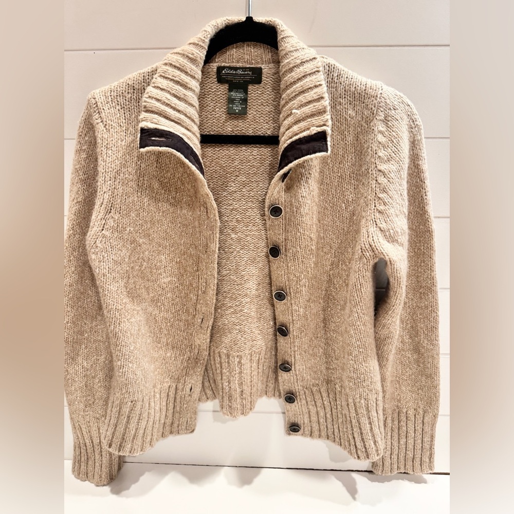 Vintage Eddie Bauer Leather Elbow Patch Wool Sweater Size Medium Petite